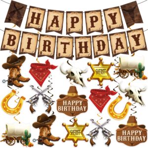 cowboy party decorations, cowboy theme party decorations include western cowboy happy birthday banners and hanging swirls, cowboy birthday decorations supplies for boys