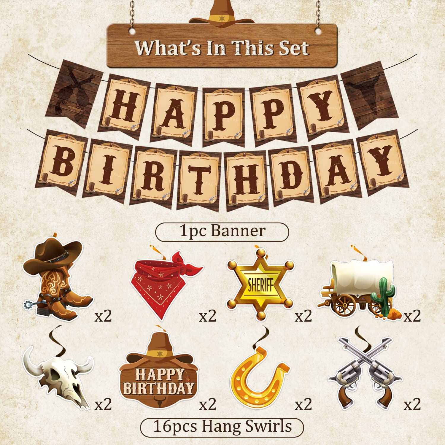 Cowboy Party Decorations, Cowboy Theme Party Decorations Include Western Cowboy Happy Birthday Banners and Hanging Swirls, Cowboy Birthday Decorations Supplies for Boys