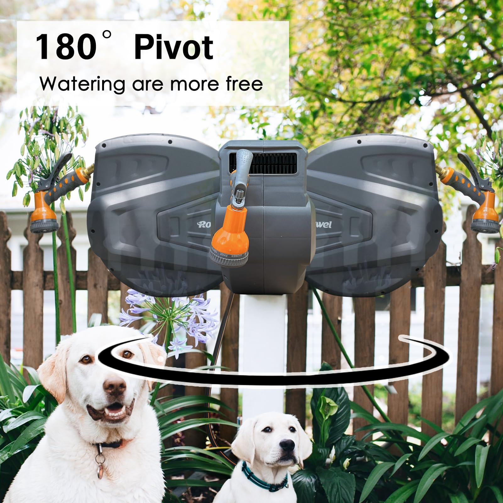 Roywel Hose Reel,Garden Hose Reel with Retractable Hose 100ft 5/8,Hose Reel Wall Mount 5/8 Retractable Hose Reel,Auto-Rewind,Auto Lock, with 9 in 1 Spray Gun,180° Pivot for watering