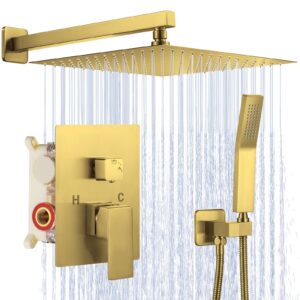 jomeoo 12 inch brushed gold shower system, wall mounted high pressure rain shower head with handheld sprayer, bathroom luxury gold shower head shower faucet set rough in valve body and trim
