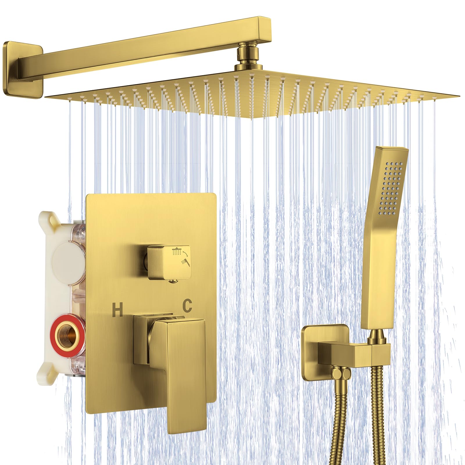 JOMEOO 12 Inch Brushed Gold Shower System, Wall Mounted High Pressure Rain Shower Head with Handheld Sprayer, Bathroom Luxury Gold Shower Head Shower Faucet Set Rough in Valve Body and Trim