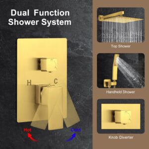 JOMEOO 12 Inch Brushed Gold Shower System, Wall Mounted High Pressure Rain Shower Head with Handheld Sprayer, Bathroom Luxury Gold Shower Head Shower Faucet Set Rough in Valve Body and Trim