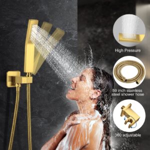 JOMEOO 12 Inch Brushed Gold Shower System, Wall Mounted High Pressure Rain Shower Head with Handheld Sprayer, Bathroom Luxury Gold Shower Head Shower Faucet Set Rough in Valve Body and Trim