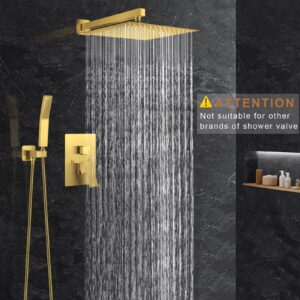 JOMEOO 12 Inch Brushed Gold Shower System, Wall Mounted High Pressure Rain Shower Head with Handheld Sprayer, Bathroom Luxury Gold Shower Head Shower Faucet Set Rough in Valve Body and Trim