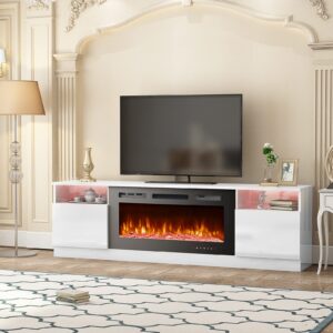 erommy 70'' fireplace tv stand with 36'' electric fireplace, entertainment center with 16 color led lights and 12 flame fireplace insert heater, white tv console for tvs up to 80'' for living room