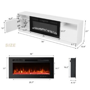 EROMMY 70'' Fireplace TV Stand with 36'' Electric Fireplace, Entertainment Center with 16 Color Led Lights and 12 Flame Fireplace Insert Heater, White TV Console for TVs up to 80'' for Living Room