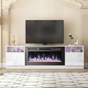 EROMMY 70'' Fireplace TV Stand with 36'' Electric Fireplace, Entertainment Center with 16 Color Led Lights and 12 Flame Fireplace Insert Heater, White TV Console for TVs up to 80'' for Living Room