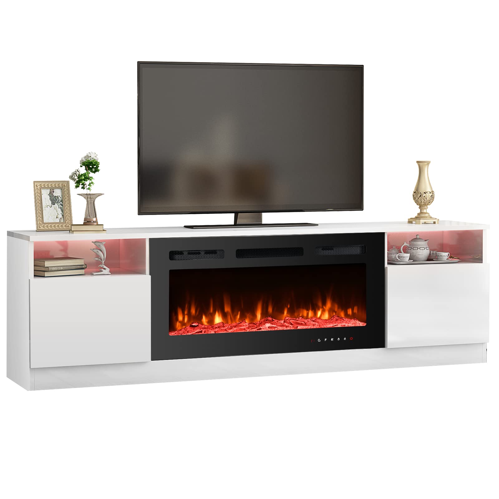 EROMMY 70'' Fireplace TV Stand with 36'' Electric Fireplace, Entertainment Center with 16 Color Led Lights and 12 Flame Fireplace Insert Heater, White TV Console for TVs up to 80'' for Living Room