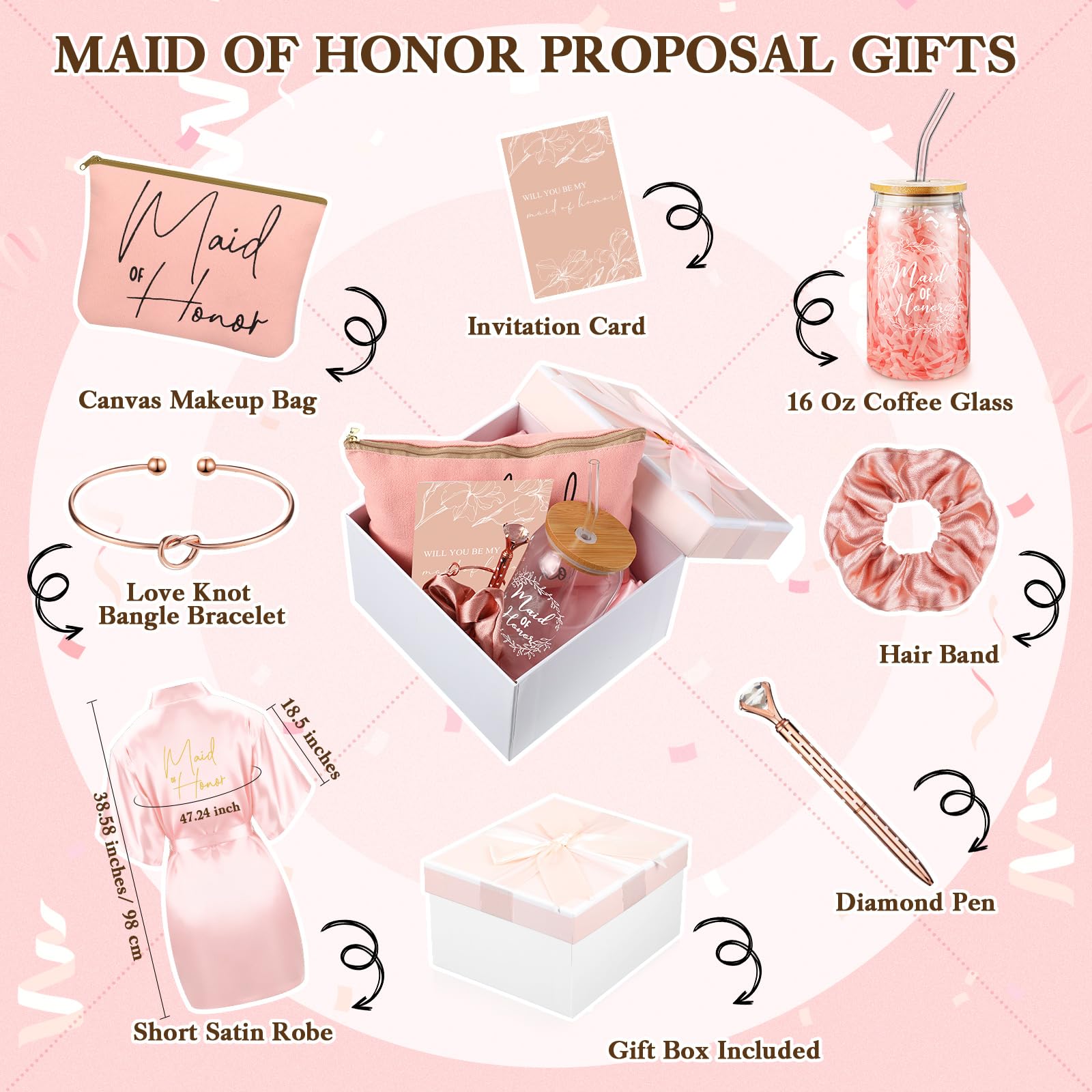 Irenare 8 Pcs Maid of Honor Proposal Gifts Set Robes Makeup Bag Cup Cards Hair Tie Bracelet Diamond Pen Bridesmaid Gift Box