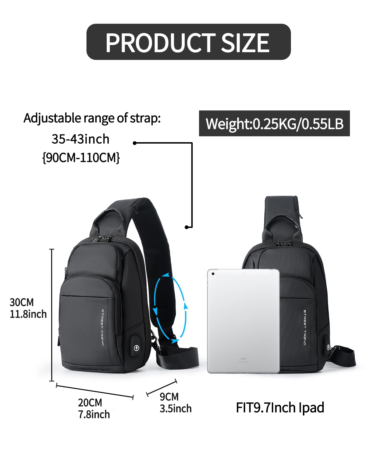 VGOCO Black Sling Bag for Men,Mens Crossbody Bag Hiking Sling Backpack Small Waterproof Anti Theft Shoulder Bag for Women One Strap Backpack Tactical Chest Bag Travel Casual Daypack