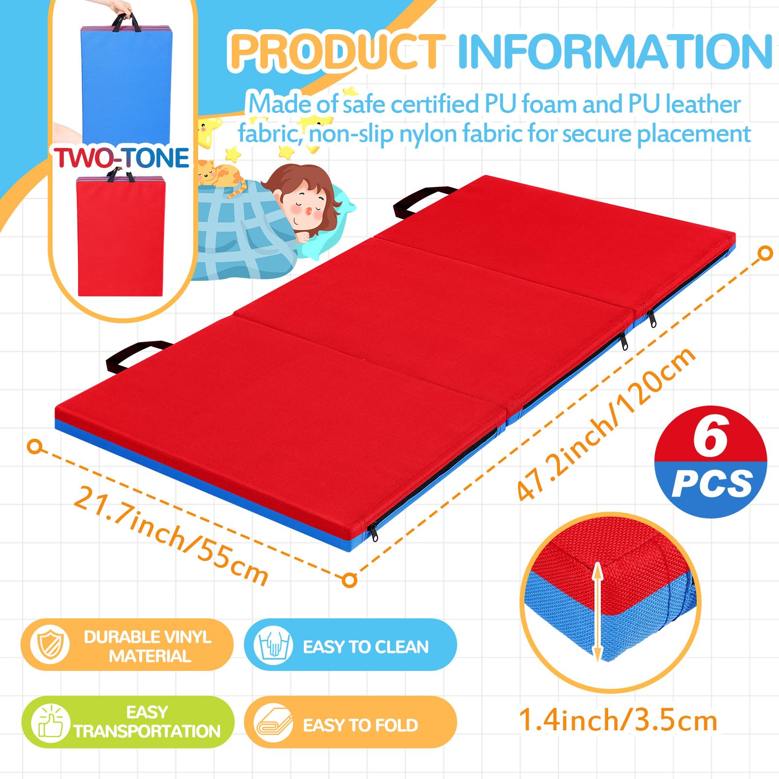 Nuanchu 6 Pack 3 Fold Daycare Nap Mats Preschool Toddler Sleeping Nap Mats Portable Rest Nap Mat Folding Nap Floor Mats with Name Tag for Classroom Furniture Kindergarten Daycare (Red, Blue)