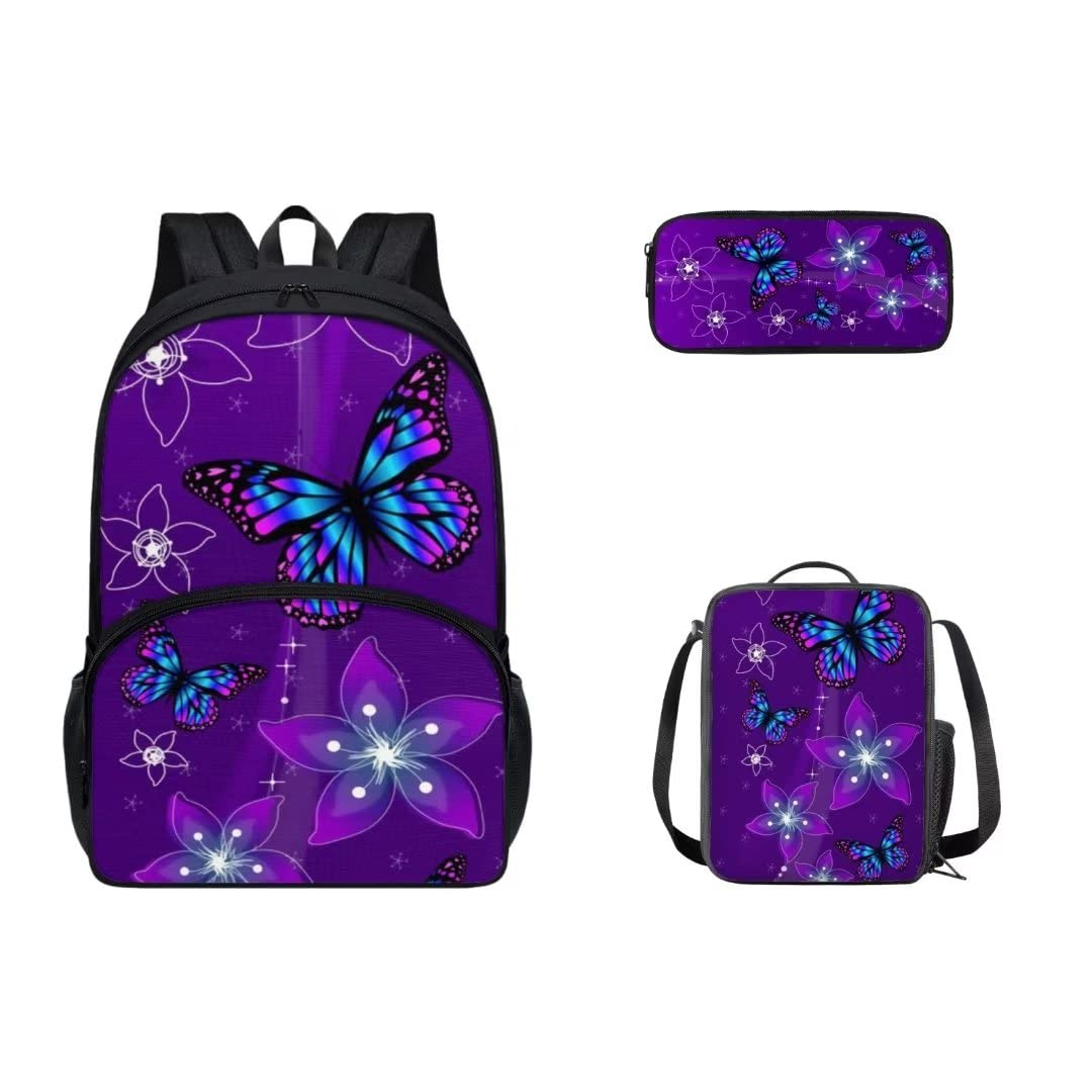 Snilety Purple Forla Butterfly Bookbags for Teen GirlsWaterproof School Backpack Set 3 in 1 with Lunch Box and Pencil Bag Durable Primary Schoolbag