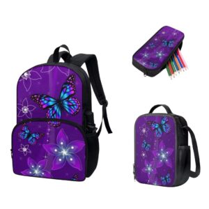 Snilety Purple Forla Butterfly Bookbags for Teen GirlsWaterproof School Backpack Set 3 in 1 with Lunch Box and Pencil Bag Durable Primary Schoolbag