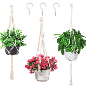 winkio 3 pack handwoven cotton rope macrame plant hanger - indoor hanging planter with 3 hooks, boho home decor