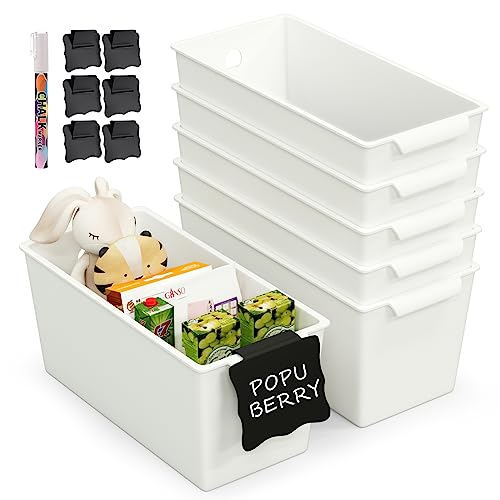 Plastic Storage Bins 6 Pack with Clip Labels & Chalk Marker, Front Handle Design, 11"x5" Pantry Organization and Storage Open Top Baskets for Shelves Closet Cabinet Sink Counter Cupboard Drawer Rridge