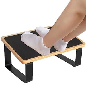foot rest for under desk at work, new upgrade wooden with metal ergonomic foot stools with non-slip rubber stepping surface, office footstools under desk pressure relief, matte black thicken footrest