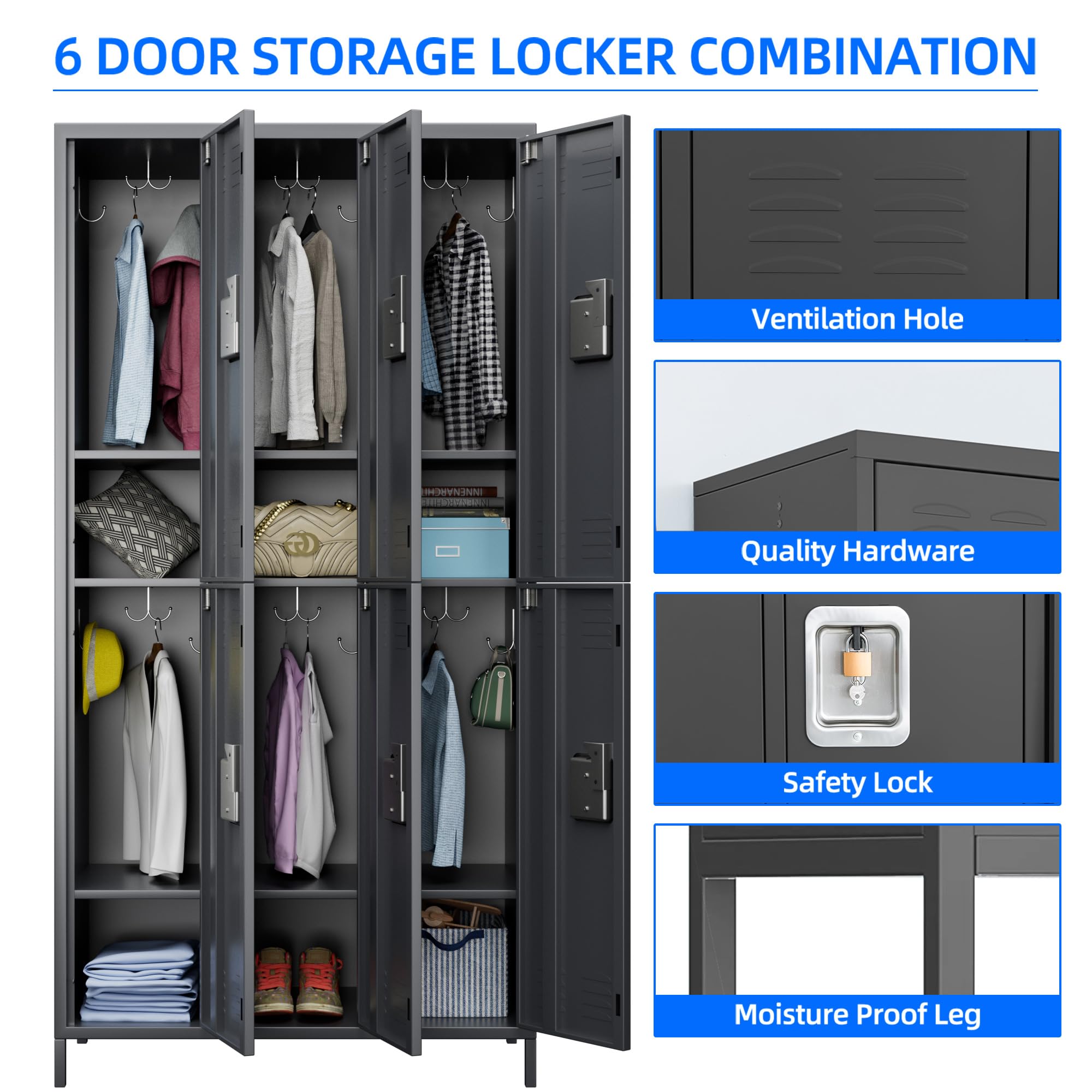 SUXXAN 6 Doors Storage Locker Combination with 12 Hooks,Industries Double Tier Metal Locker for School Office Gym Home Employees Staff Sundries Room W35.43*D15.7*H72(Dark Grey)