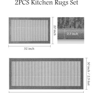 PADOOR Non Slip Kitchen Rugs Sets of 2 - Extra Large 2.5'x6' + 20"x32" Runner Rugs for Kitchen Floor Non Skid Washable, Absorbent Kitchen Mat for in Front of Sink 2 Piece Grey