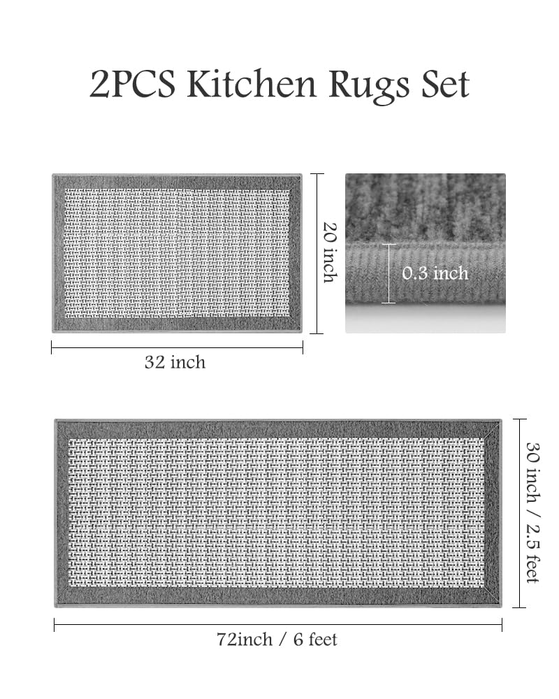PADOOR Non Slip Kitchen Rugs Sets of 2 - Extra Large 2.5'x6' + 20"x32" Runner Rugs for Kitchen Floor Non Skid Washable, Absorbent Kitchen Mat for in Front of Sink 2 Piece Grey