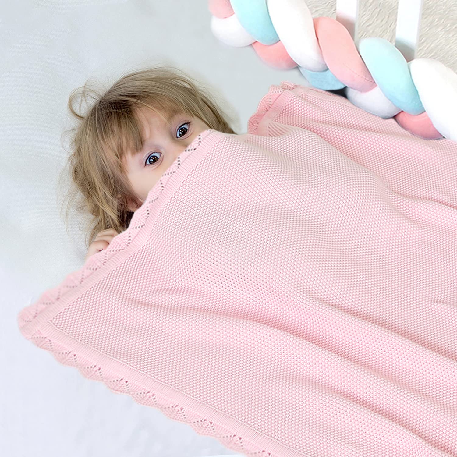 TRENDSTITCH 100% Cotton Baby Blanket Knit Soft Warm Lace Toddler Newborn Nursery Blanket,30 x 40 Inches, Light Pink
