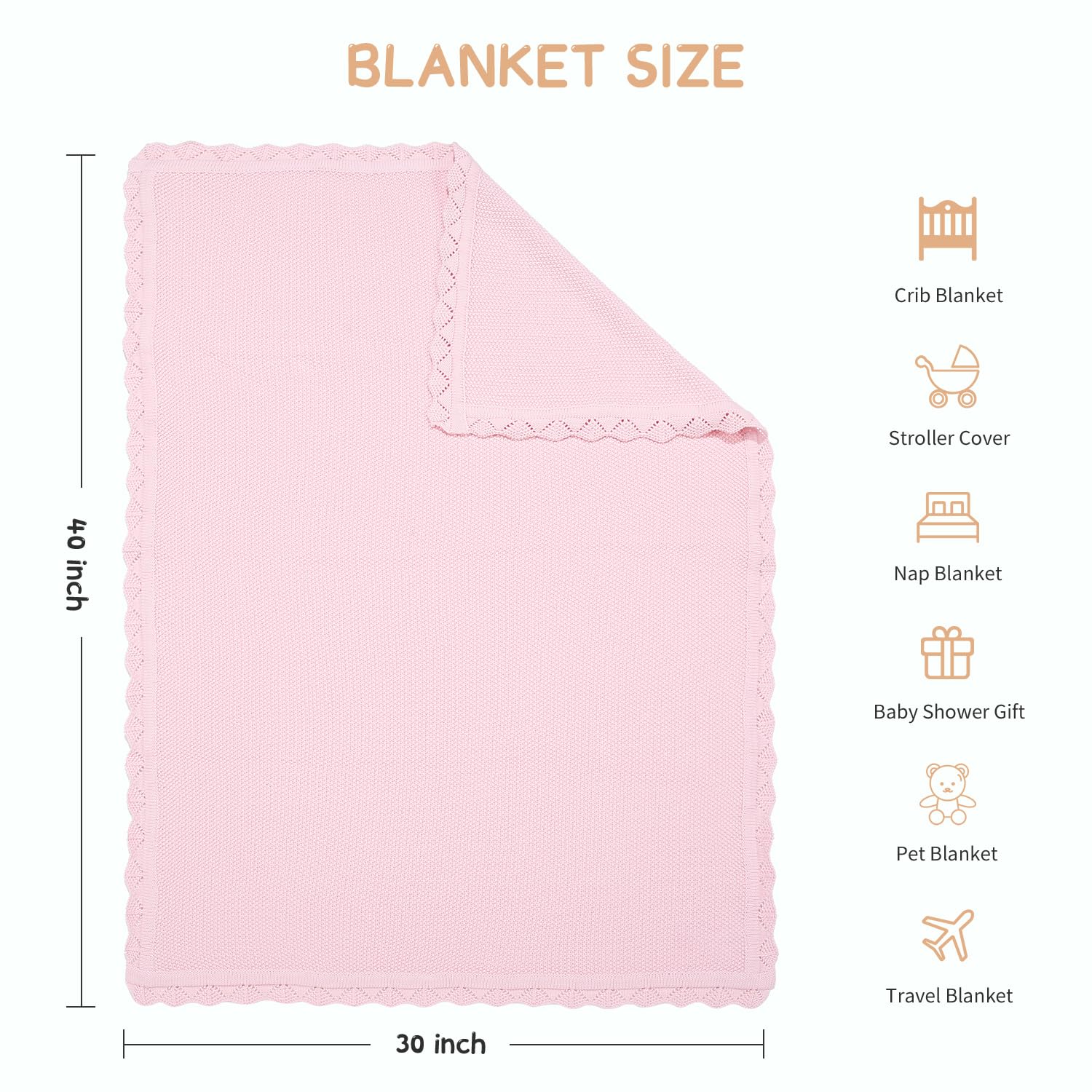 TRENDSTITCH 100% Cotton Baby Blanket Knit Soft Warm Lace Toddler Newborn Nursery Blanket,30 x 40 Inches, Light Pink