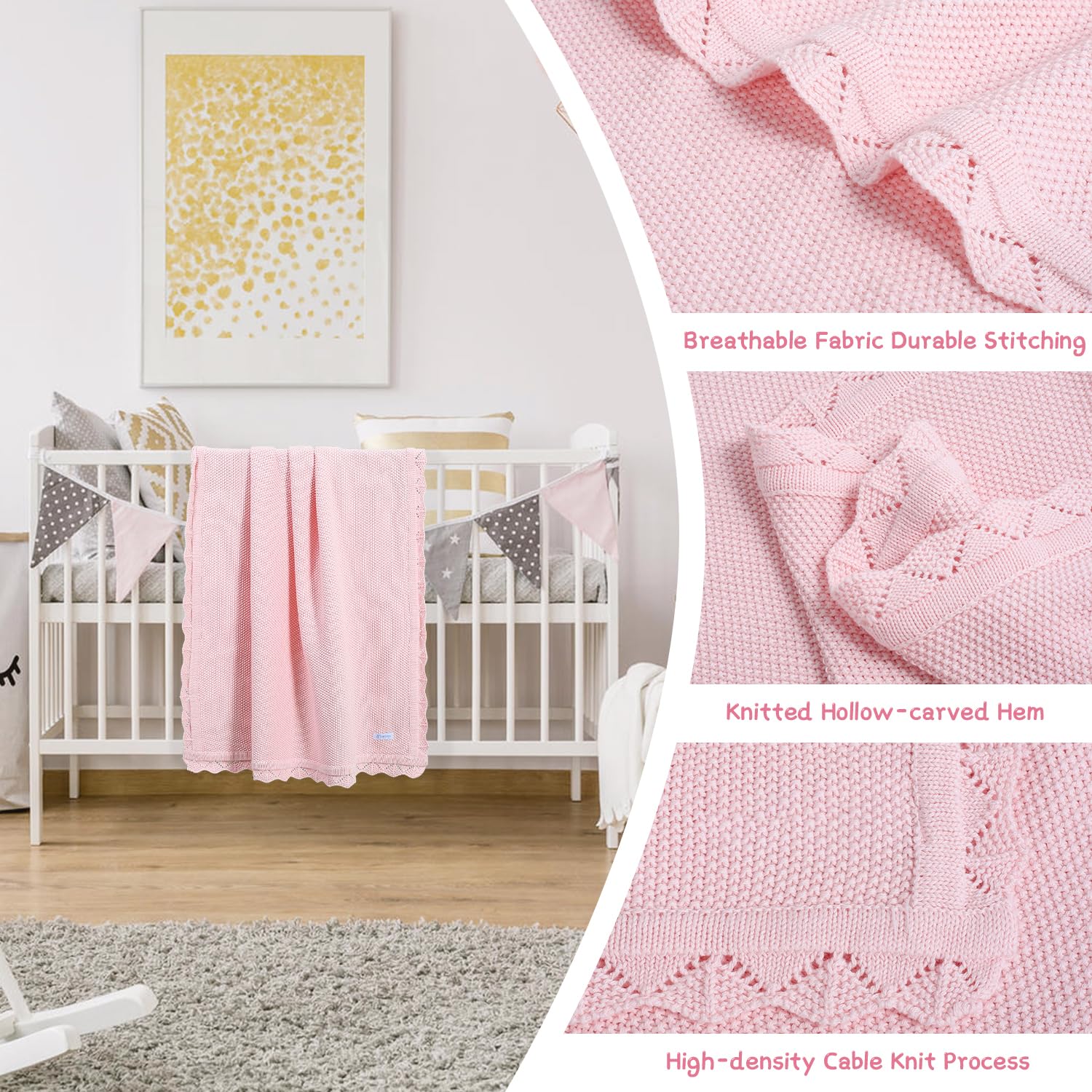 TRENDSTITCH 100% Cotton Baby Blanket Knit Soft Warm Lace Toddler Newborn Nursery Blanket,30 x 40 Inches, Light Pink