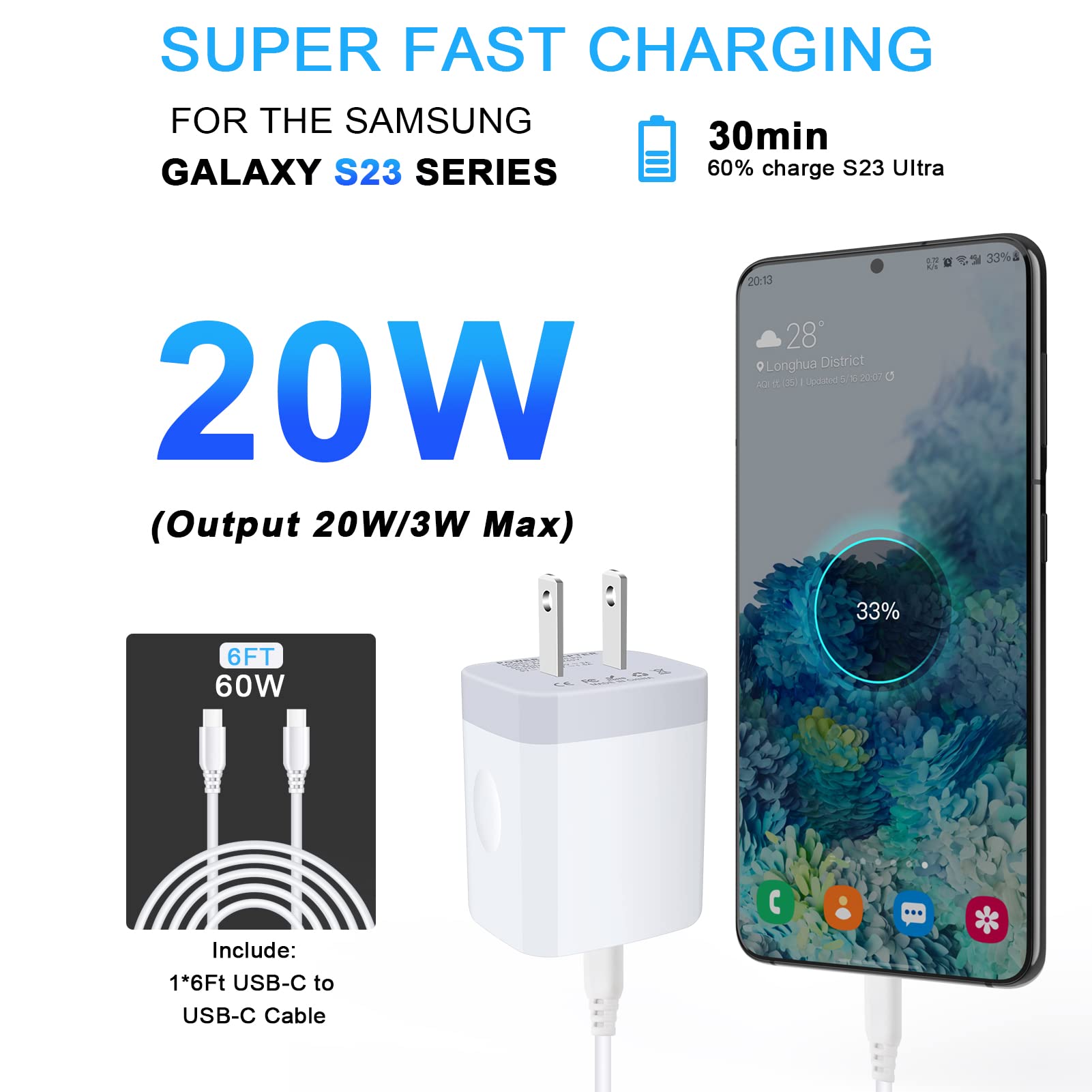 USB C Fast Samsung Charger Box 6ft C to C Cord for Galaxy A14 5G,A15 A25 A13 A54,A24 S24 S23 A03s A53 A23 S22 Ultra S21 S20 A04s Pixel 8 7a 7 Pro 6,20W Wall Android Phone Block Type C Charging Cable