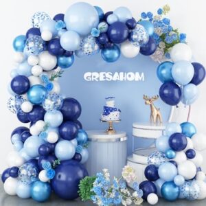 blue balloons arch garland kit, navy blue and white balloon arch kit with chrome blue baby light blue confetti balloons, different size blue balloon for baby shower wedding birthday party decoration
