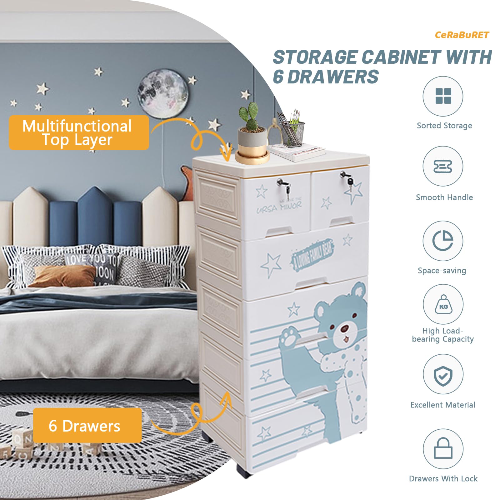 TTONSUE Comoda para Ropa Plastic Drawers Dresser,Storage Cabinet with 6 Drawers,Closet Dresser Organizer for Clother Bedroom Baby's Room