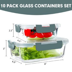 VERONES 10 Pack Glass Meal Prep Containers, Airtight Glass Lunch Containers, Stackable Glass Food Storage Containers Set with Lids,BPA-Free, for Microwave, Oven, Freezer & Dishwasher Friendly,Grey