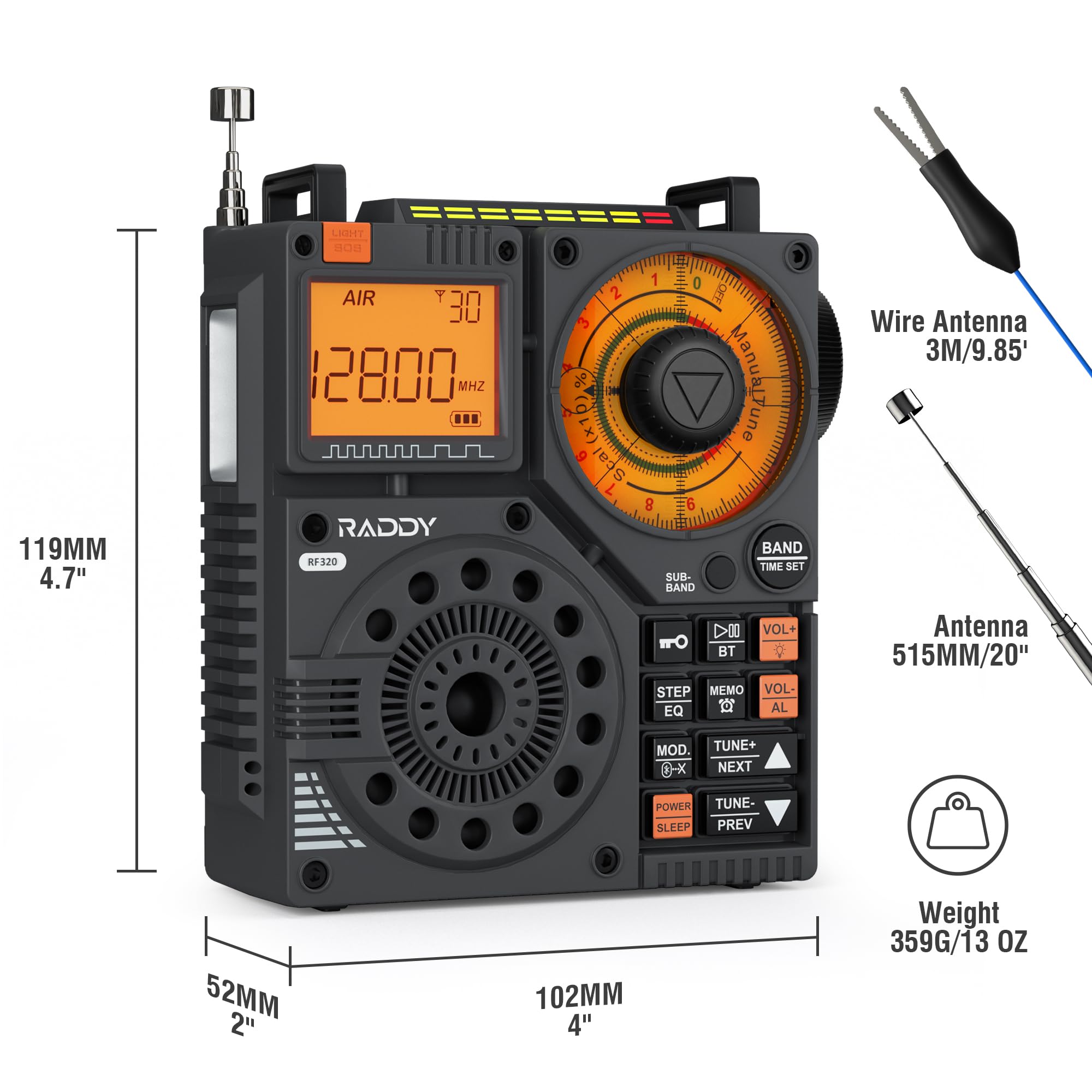 Raddy RF320 APP Control Shortwave Radio, AIR/FM/AM/VHF/SW/WB Receiver, Portable Radio Rechargeable w/ 9.85 Ft Wire Antenna