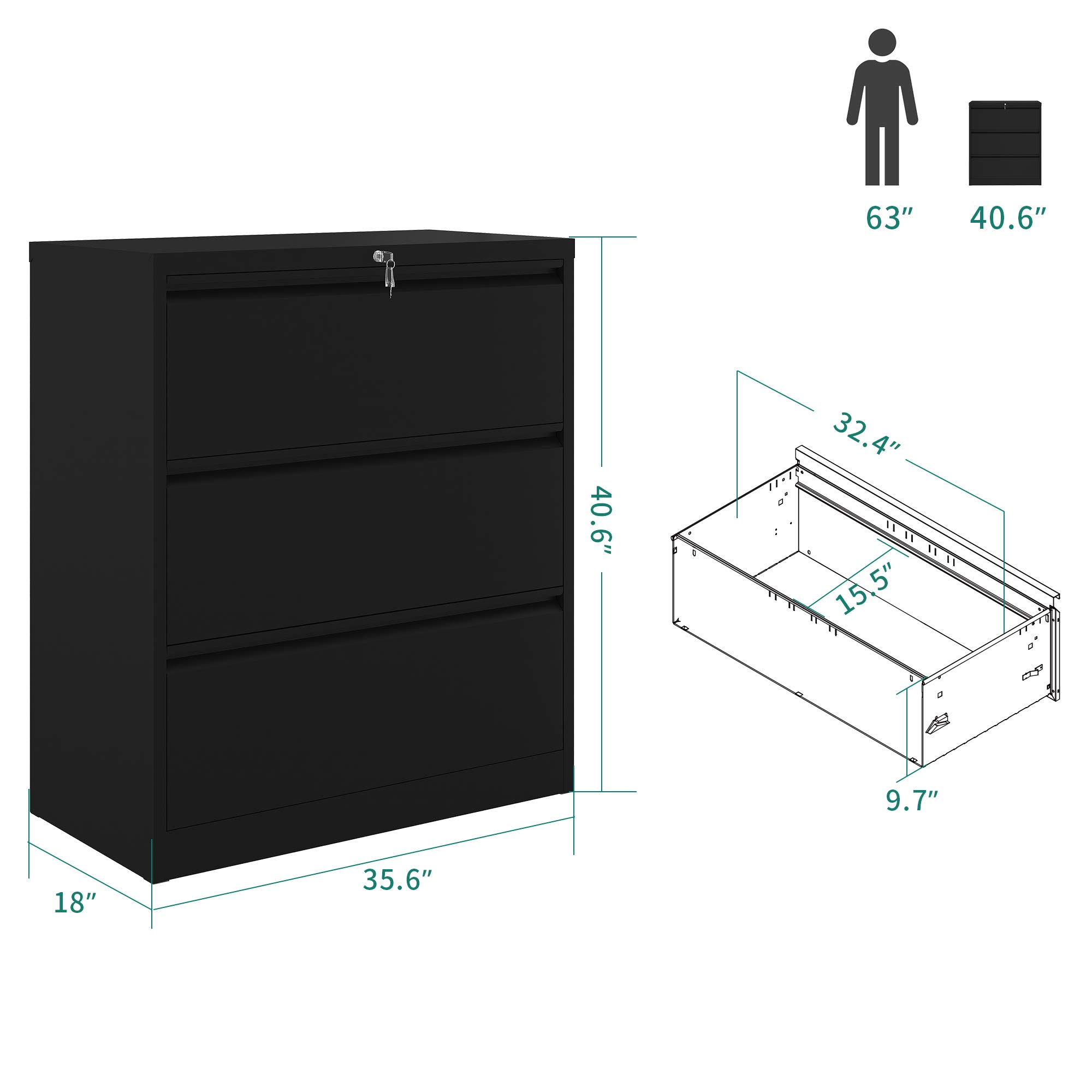 YITAHOME 2 Drawer Lateral File Cabinet, Stainless Steel Wide Lateral File Cabinet with Lock, Metal Filing Storage Cabinet for Legal/Letter A4 Size, Assembly Required，Office Organizer (Black)