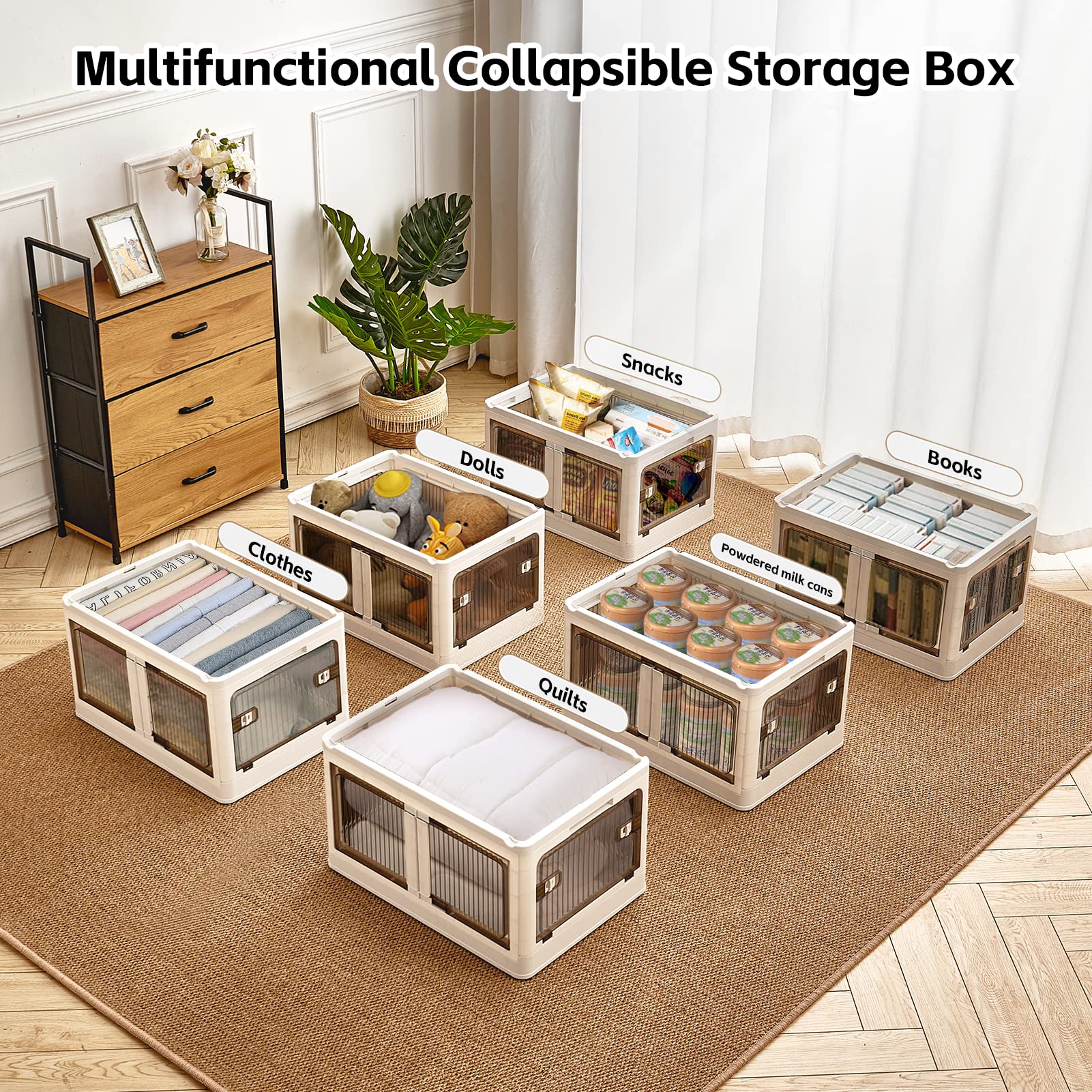 BTGGG Collapsible Storage Bins with Lids 3 Pack-14.5Gal Plastic Stackable Storage Bins Foldable with 5 Doors & Wheels,Foldable Storage Box Folding Storage Bins for Cloest Storage and Organizer