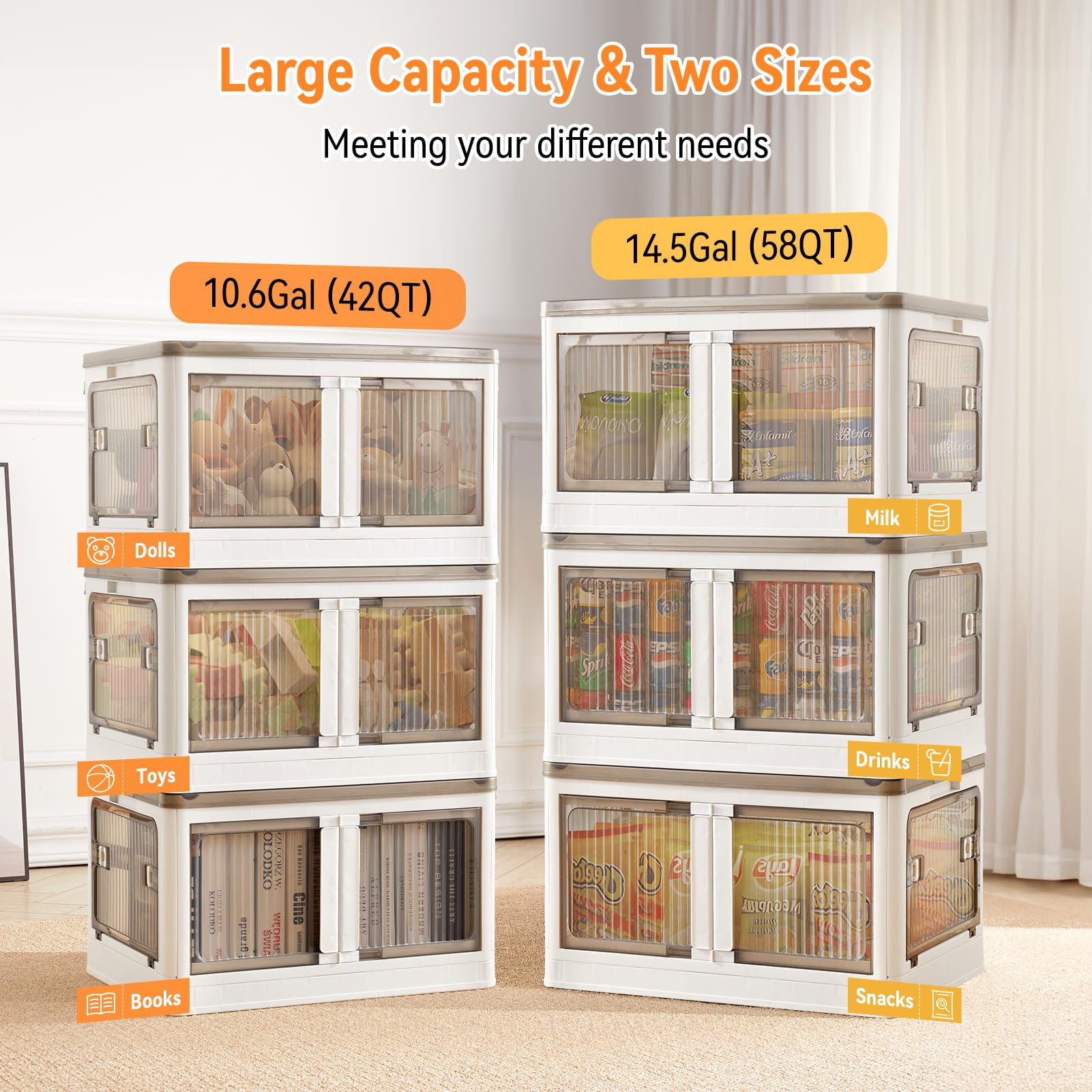 BTGGG Collapsible Storage Bins with Lids 3 Pack-14.5Gal Plastic Stackable Storage Bins Foldable with 5 Doors & Wheels,Foldable Storage Box Folding Storage Bins for Cloest Storage and Organizer