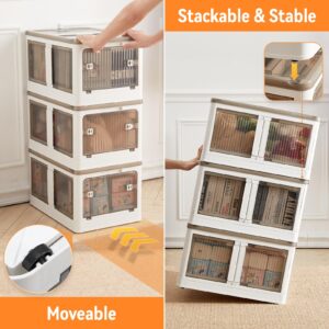 BTGGG Collapsible Storage Bins with Lids 3 Pack-14.5Gal Plastic Stackable Storage Bins Foldable with 5 Doors & Wheels,Foldable Storage Box Folding Storage Bins for Cloest Storage and Organizer