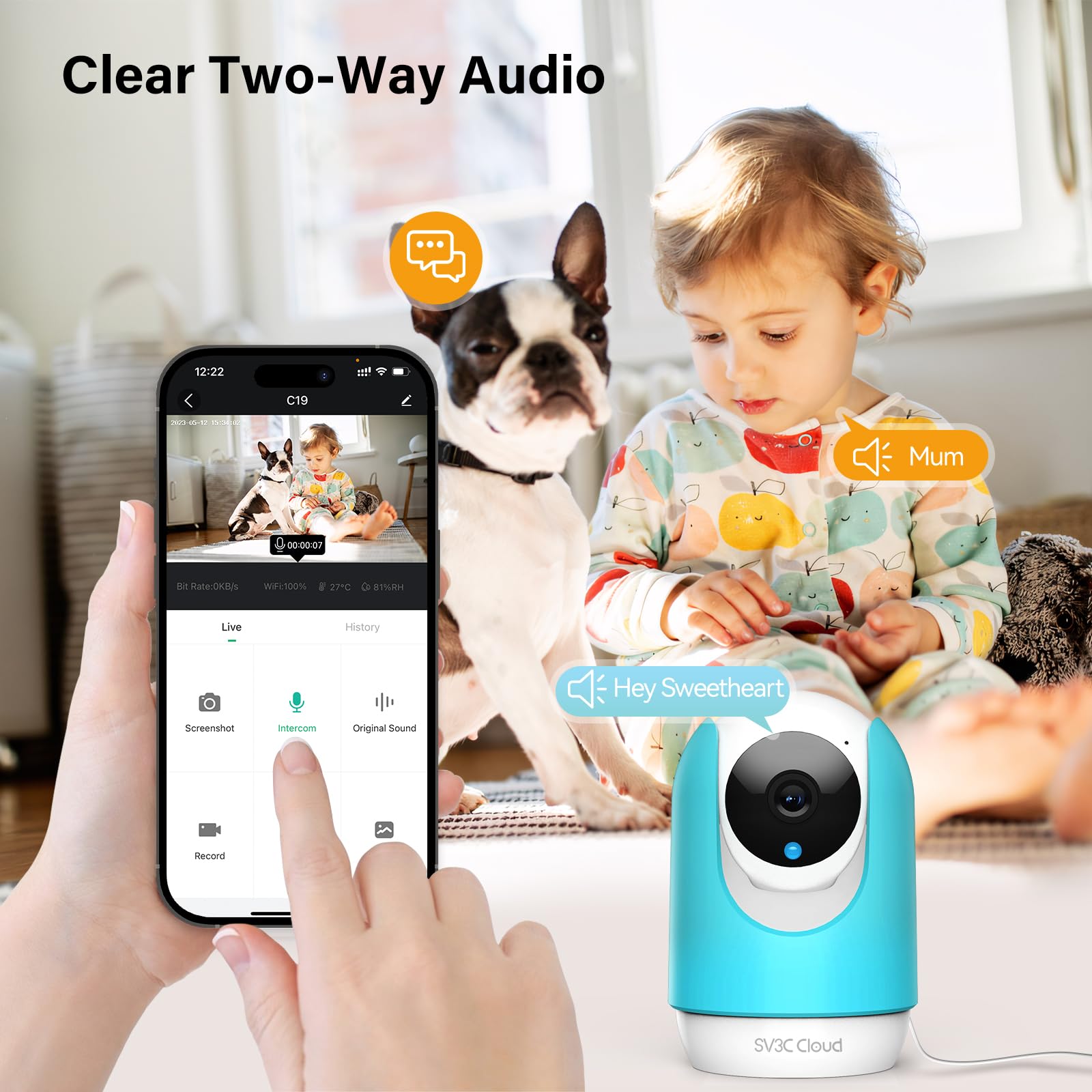 SV3C Indoor Security Camera 2K Pan/Tilt Wireless WiFi Pet Camera Temp & Humidity Cry Noise and Motion Detection, Two Way Audio 2.4G Baby Monitor IR Night Vision Compatible with Alexa