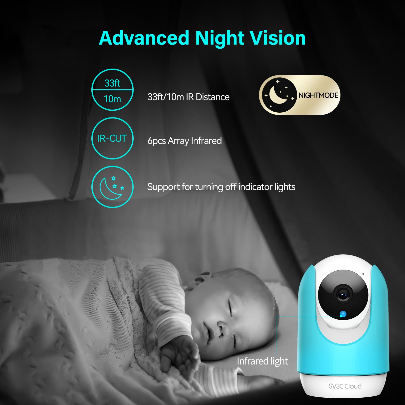 SV3C Indoor Security Camera 2K Pan/Tilt Wireless WiFi Pet Camera Temp & Humidity Cry Noise and Motion Detection, Two Way Audio 2.4G Baby Monitor IR Night Vision Compatible with Alexa