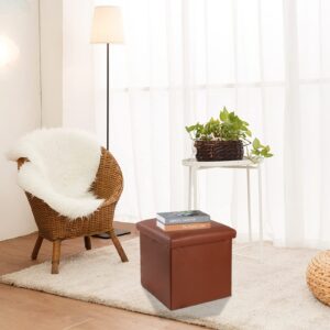 NO MORE TAG Storage Ottoman Cube, Faux Leather Folding Storage Ottoman 15 inches Small Ottoman with Storage, Ottoman Foot Rest for Bedroom Living Room, Brown