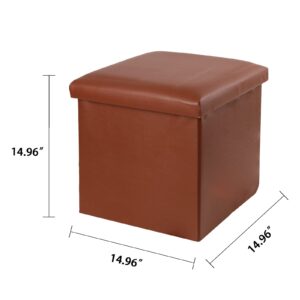 NO MORE TAG Storage Ottoman Cube, Faux Leather Folding Storage Ottoman 15 inches Small Ottoman with Storage, Ottoman Foot Rest for Bedroom Living Room, Brown