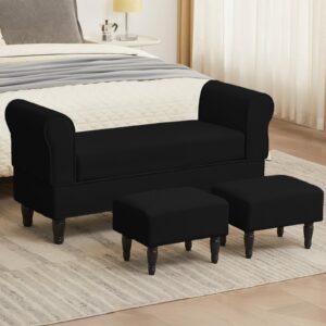 merdoo classics storage ottoman bench with 2 ottoman foot rest, tufted end of bed storage bench, upholstered bedroom storage bench, rolled arm window bench for entryway bedroom living room, black…