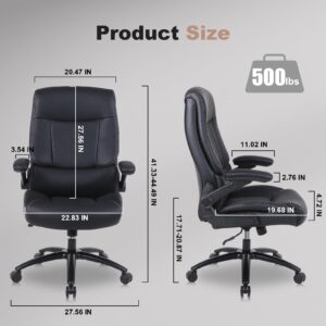 Youhauchair Big and Tall Office Chair, 500LBS Executive Desk Chair with Lumbar Support, PU Leather Ergonomic Computer Chair with Flip-up Armrests, High Back Work Chair, Black