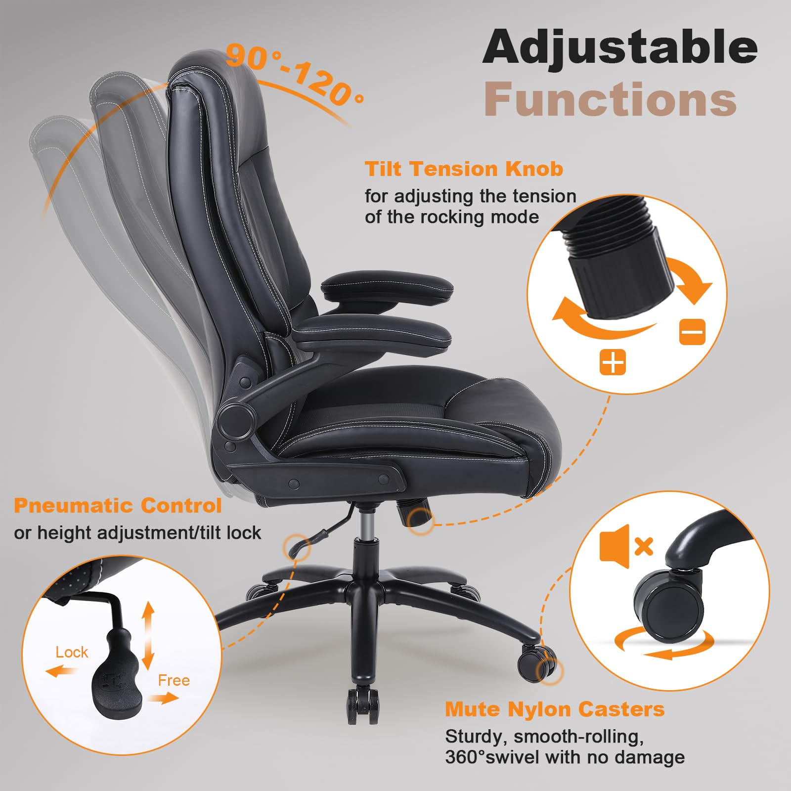 Youhauchair Big and Tall Office Chair, 500LBS Executive Desk Chair with Lumbar Support, PU Leather Ergonomic Computer Chair with Flip-up Armrests, High Back Work Chair, Black