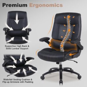 Youhauchair Big and Tall Office Chair, 500LBS Executive Desk Chair with Lumbar Support, PU Leather Ergonomic Computer Chair with Flip-up Armrests, High Back Work Chair, Black