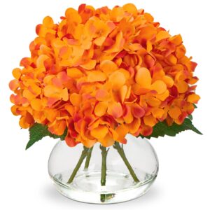 hollyone hydrangea artificial flowers in vase orange silk fake flowers arrangements with glass vase with faux water faux floral bulk bouquet for office table centerpiece shelf home decoration