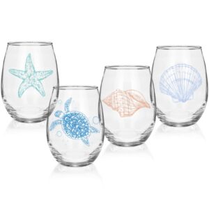 ocean themed stemless wine glasses, set of 4 seashore glassware - sea turtle, starfish, seashell, conch shell assortment, gifts for coastal beach sea lovers, birthday gifts for women best friends gift