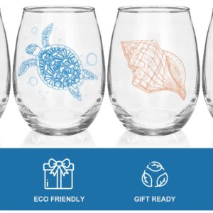 Ocean Themed Stemless Wine Glasses, Set of 4 Seashore Glassware - Sea Turtle, Starfish, Seashell, Conch Shell Assortment, Gifts for Coastal Beach Sea Lovers, Birthday Gifts for Women Best Friends Gift