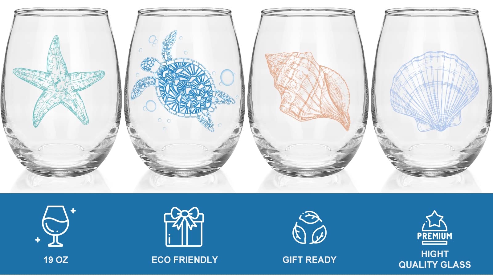 Ocean Themed Stemless Wine Glasses, Set of 4 Seashore Glassware - Sea Turtle, Starfish, Seashell, Conch Shell Assortment, Gifts for Coastal Beach Sea Lovers, Birthday Gifts for Women Best Friends Gift