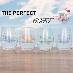 Ocean Themed Stemless Wine Glasses, Set of 4 Seashore Glassware - Sea Turtle, Starfish, Seashell, Conch Shell Assortment, Gifts for Coastal Beach Sea Lovers, Birthday Gifts for Women Best Friends Gift