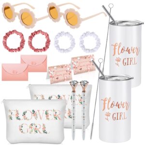 flower girl proposal gifts flower girl tumblers with straws be my flower girl card with envelope canvas makeup bag sunglasses hair scrunchies diamond pen for wedding bridal shower (white, 16 pcs)