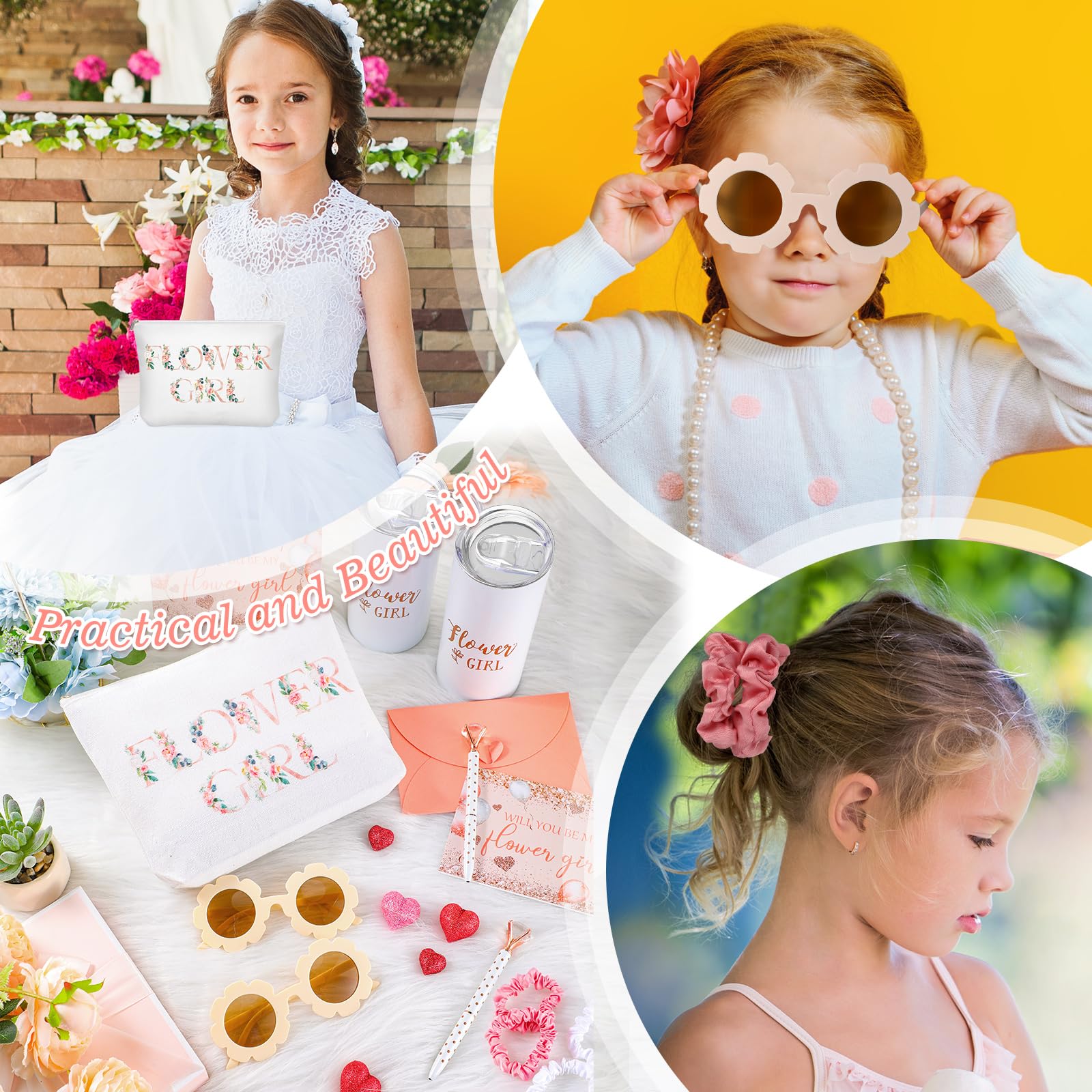 Flower Girl Proposal Gifts Flower Girl Tumblers with Straws Be My Flower Girl Card with Envelope Canvas Makeup Bag Sunglasses Hair Scrunchies Diamond Pen for Wedding Bridal Shower (White, 16 Pcs)